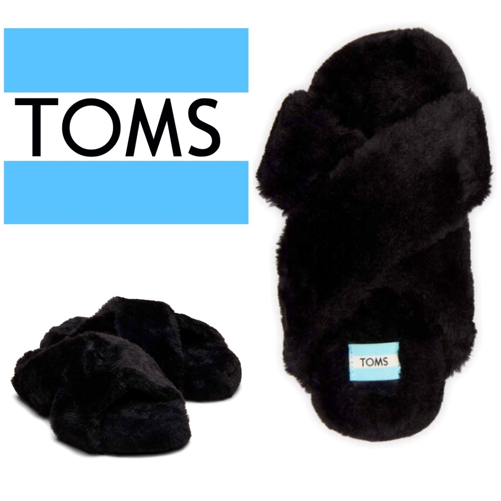Toms Women's Susie Eva Faux Fur Slip On Slippers Slides Black Size 7